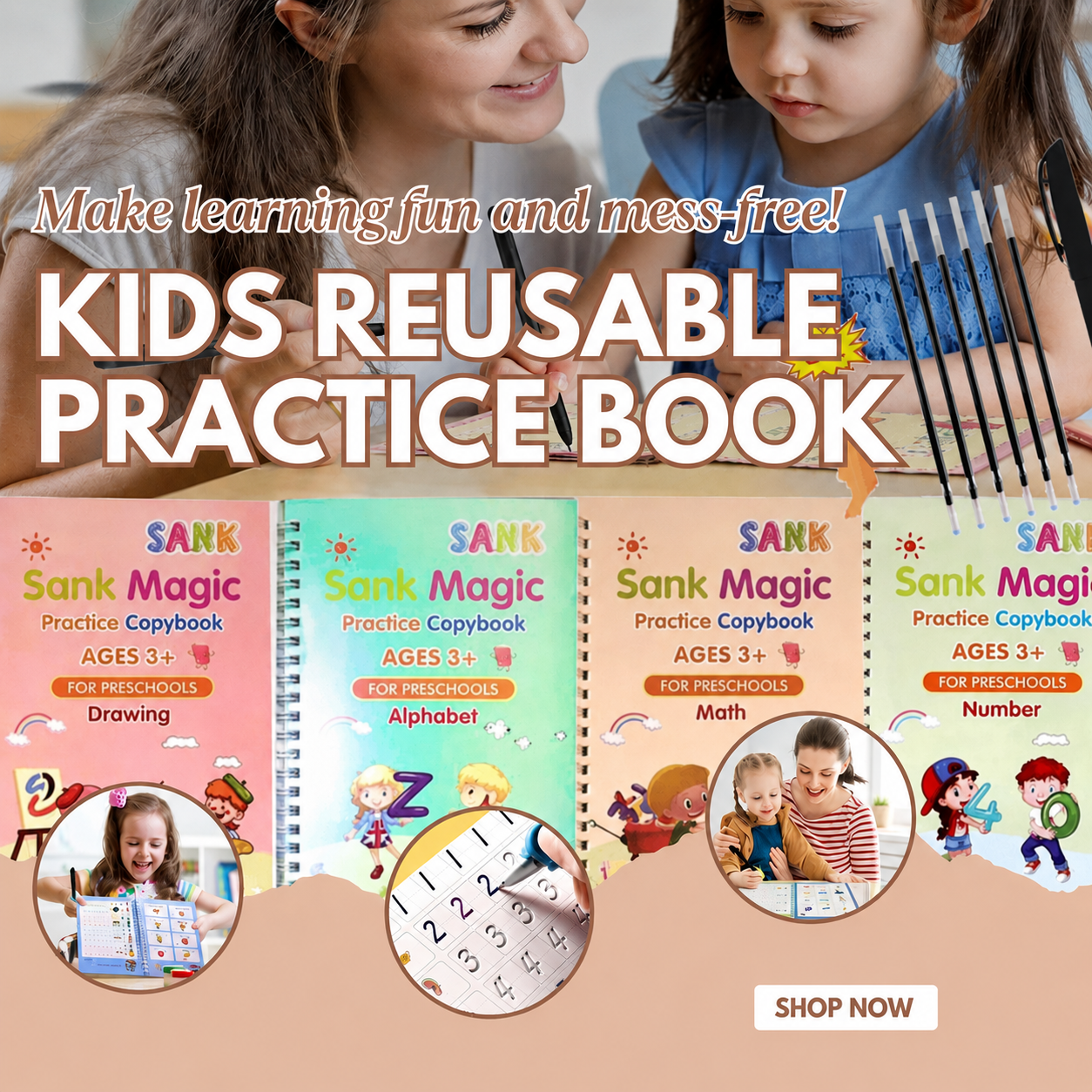 Kids Reusable Practice Book (4 Books + 1 Pen + 1 Grip & 10 Refills)